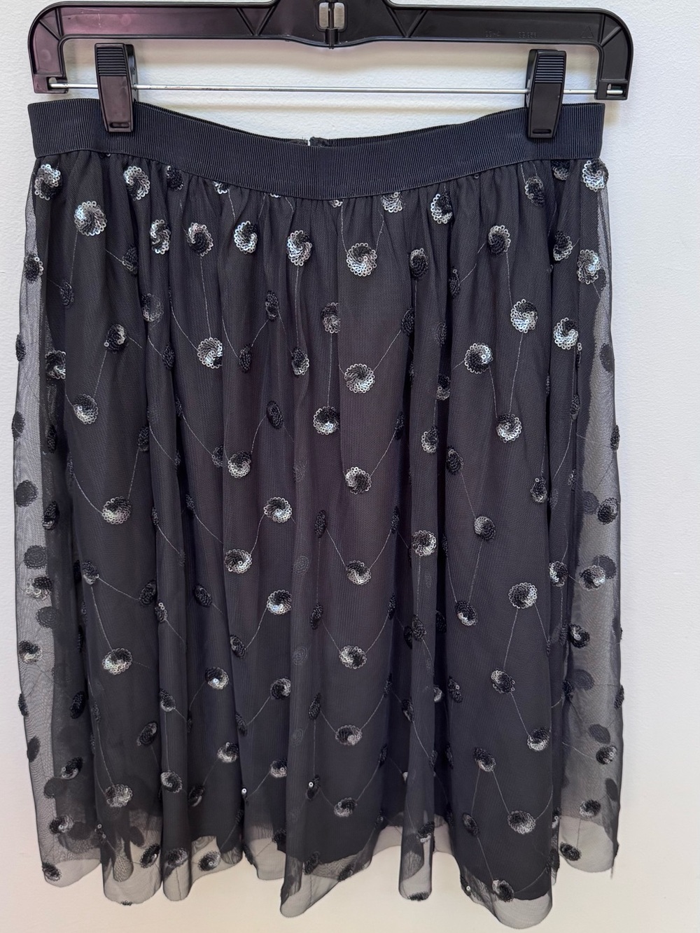 Ann Taylor Black Midi Skirt with Silver Embroidered Dots like new